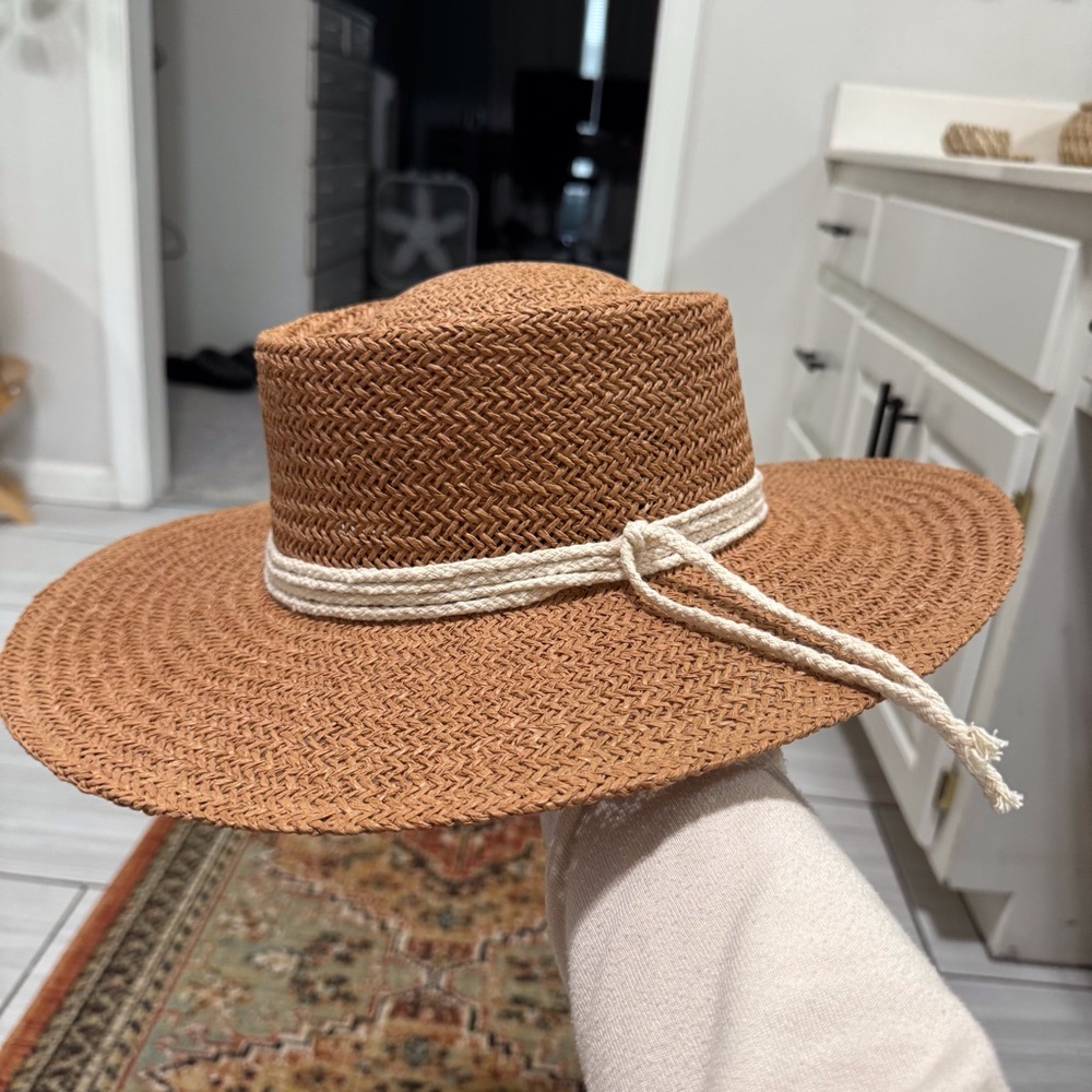 Stylish Brown Straw Hat with White Band
